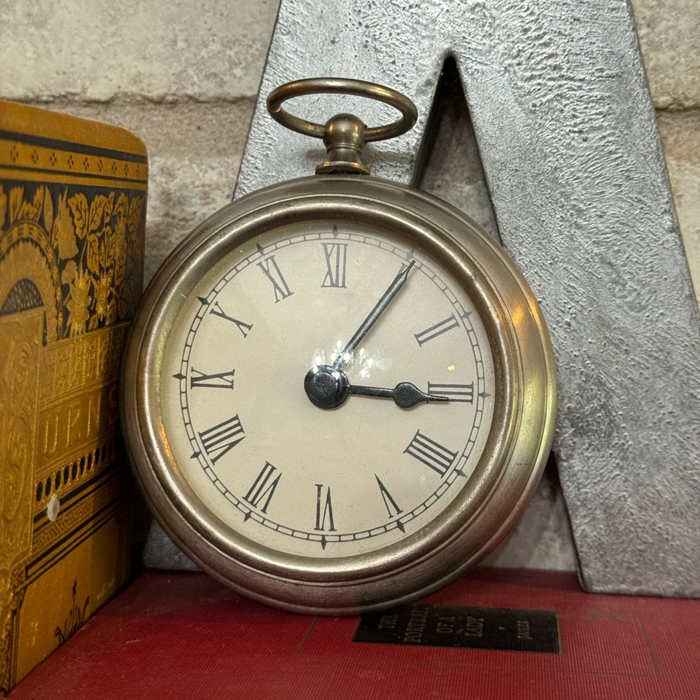 Pottery Barn Pocket Watch Style 3½" Tabletop Clock Silver Brushed Nickel Finish